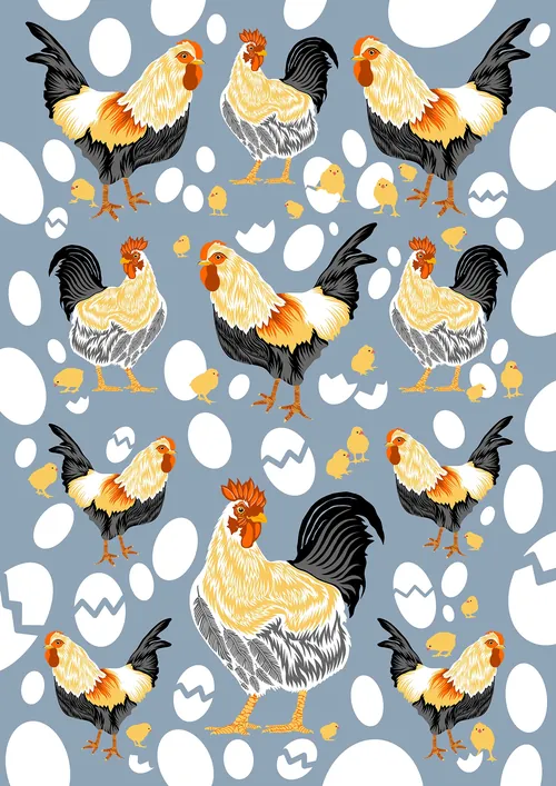 Pattern of roosters and eggs artwork by Martha von Maydell