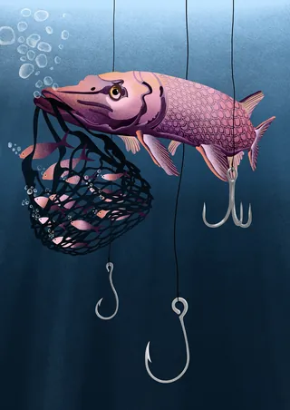 Pink fish caught in fishing net underwater by Martha von Maydell