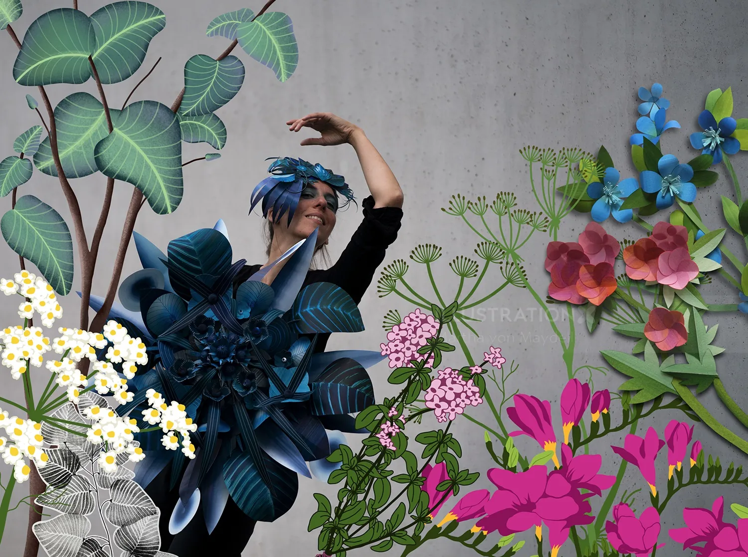 Woman poses among intricate paper flowers and leaves by Martha von Maydell