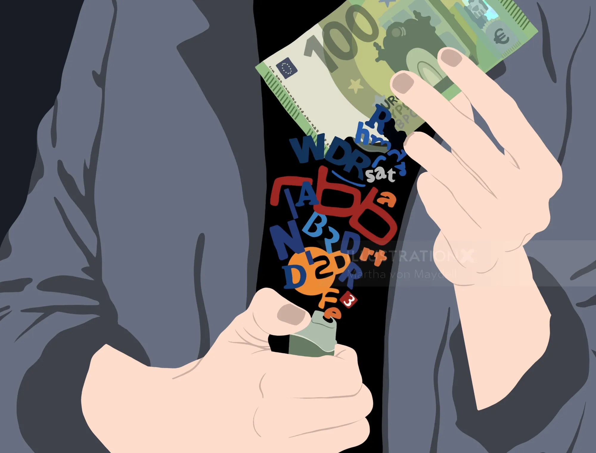 Illustration of hands burning letters and numbers with euro bills in other hand by Martha von Maydel