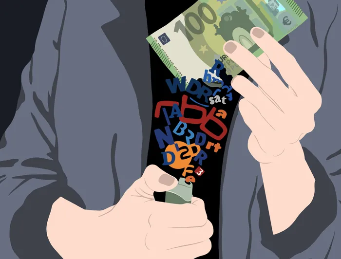 Illustration of hands burning letters and numbers with euro bills in other hand by Martha von Maydel