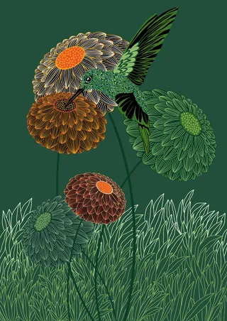 Green hummingbird feeding on colorful flowers by Martha von Maydell