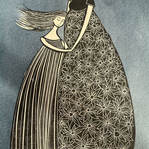 Mother embracing child with flowing hair and floral dress by Martha von Maydell