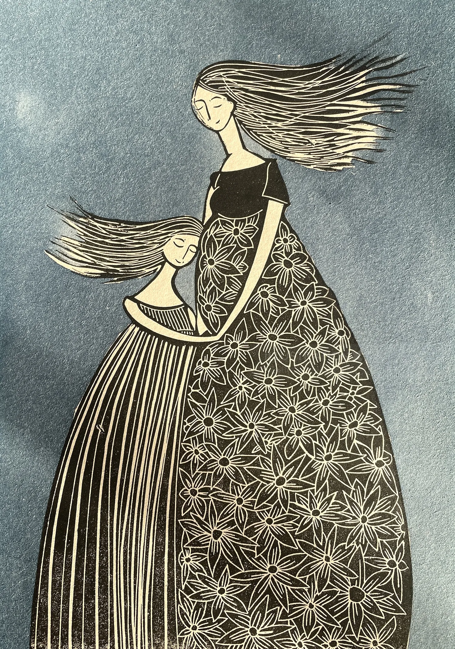 Mother embracing child with flowing hair and floral dress by Martha von Maydell