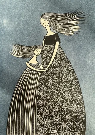 Mother embracing child with flowing hair and floral dress by Martha von Maydell