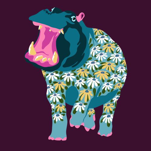 Illustration of hippopotamus with daisy pattern by Martha von Maydell