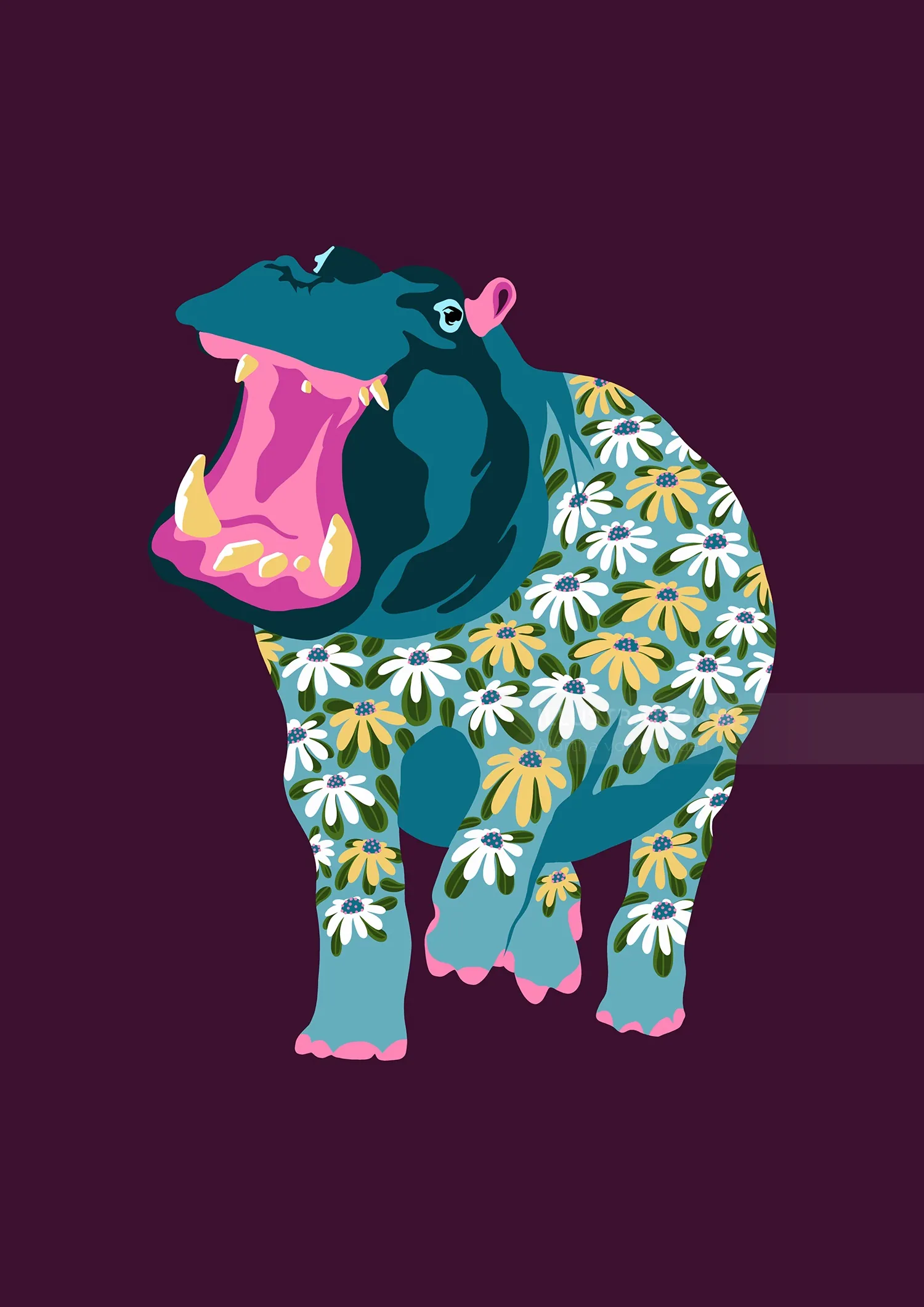 Illustration of hippopotamus with daisy pattern by Martha von Maydell