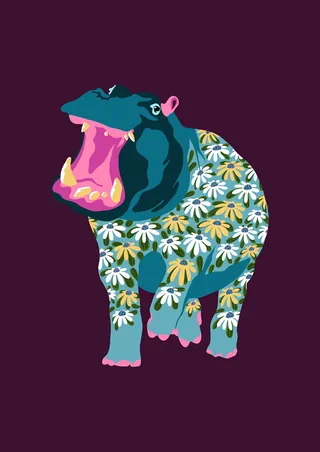 Illustration of hippopotamus with daisy pattern by Martha von Maydell
