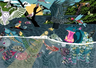 Vibrant birds flying and perched over a river with colorful fish beneath water by Martha von Maydell