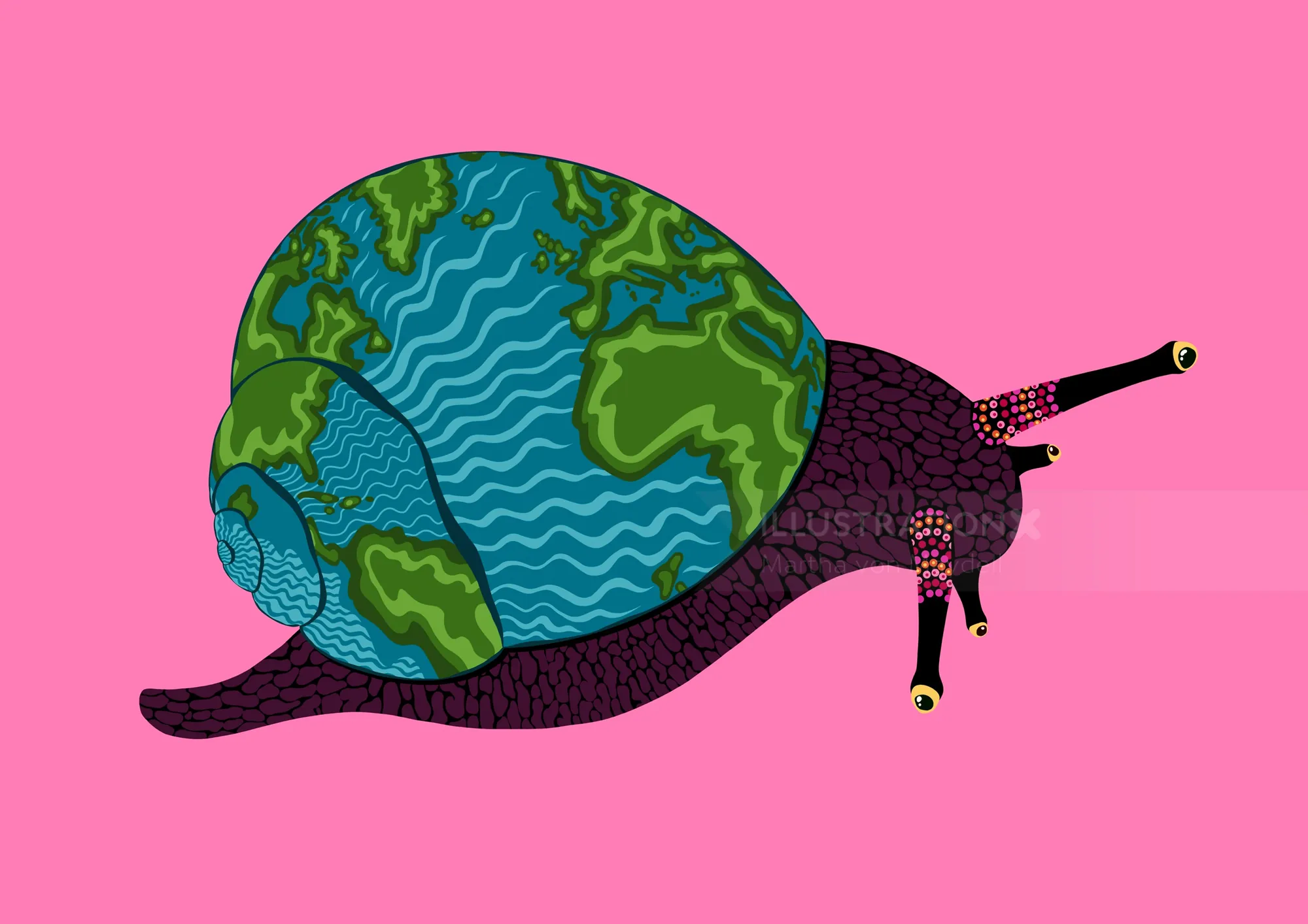 Snail with Earth globe shell on bright pink background