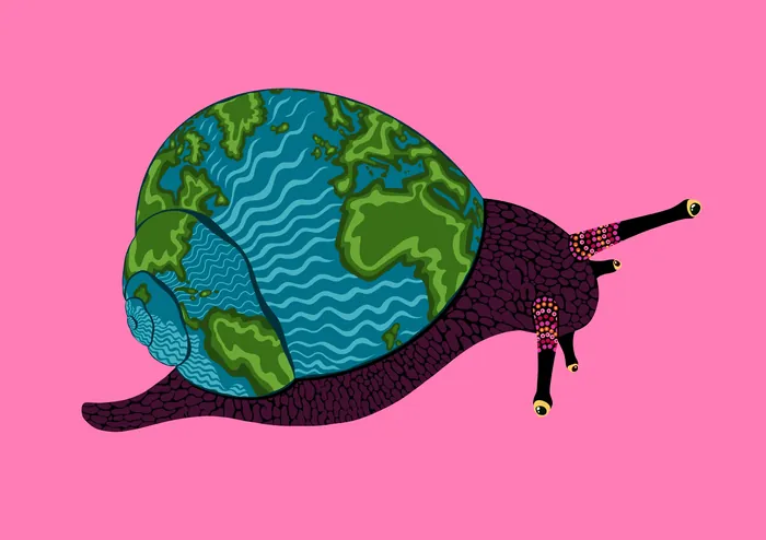 Snail with Earth globe shell on bright pink background