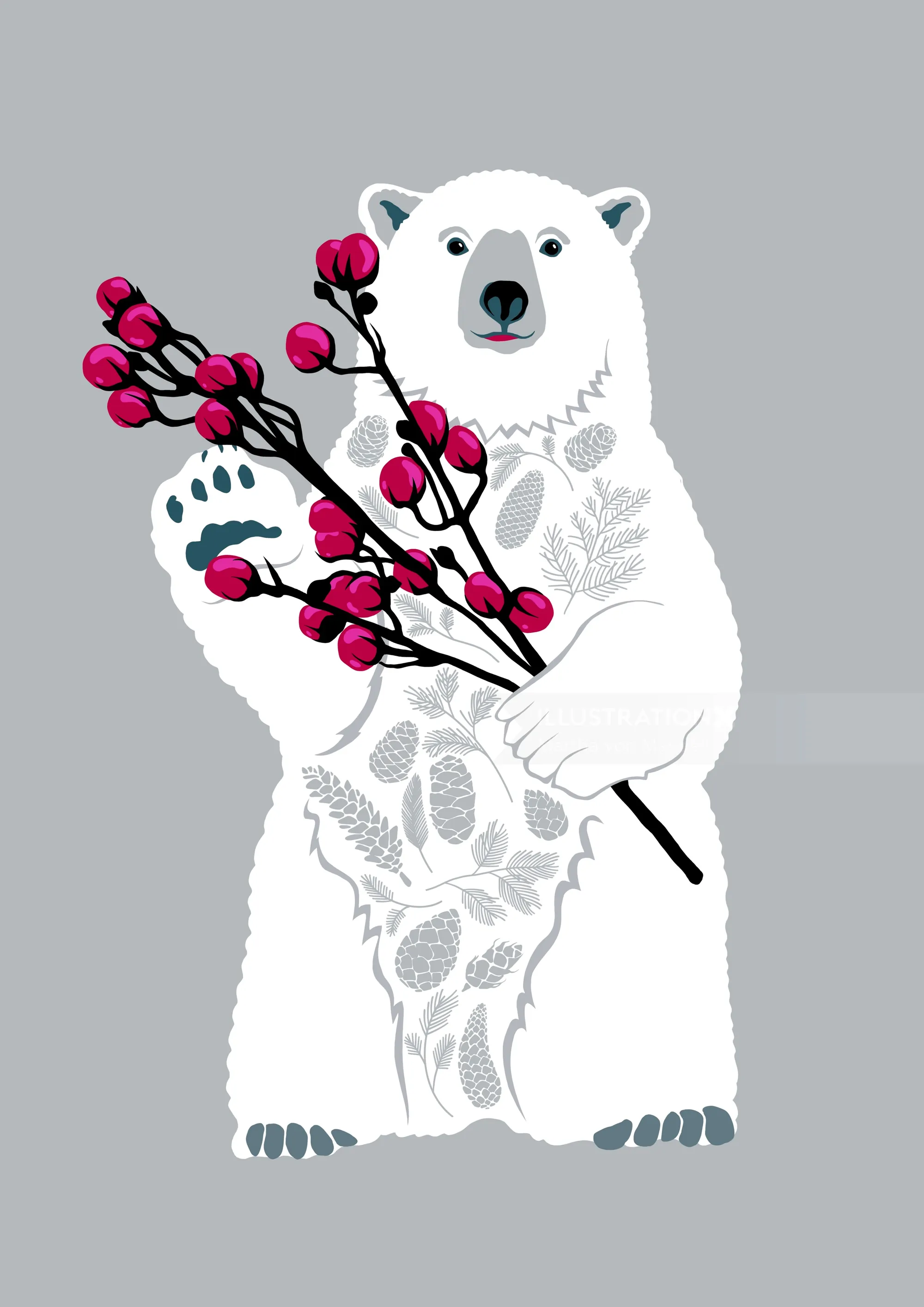 White bear holding branch with pink berries and floral designs on grey background