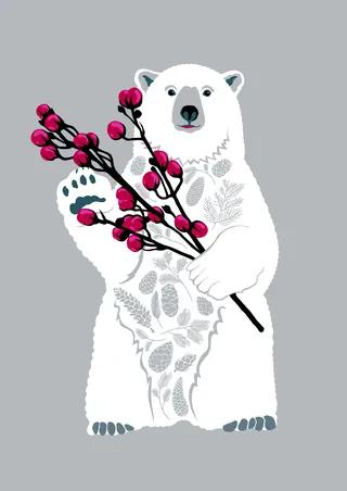 White bear holding branch with pink berries and floral designs on grey background