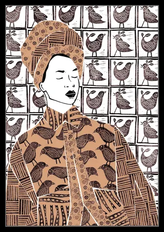 Woman in patterned clothing and headwrap with bird design background