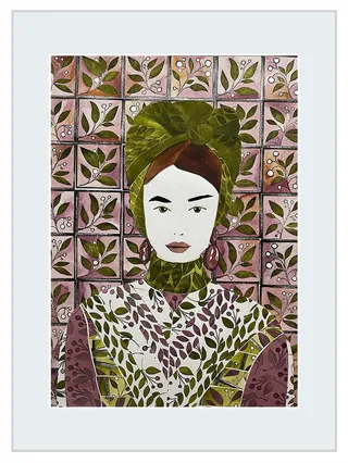 Woman wearing green headwrap and leafy patterned garment