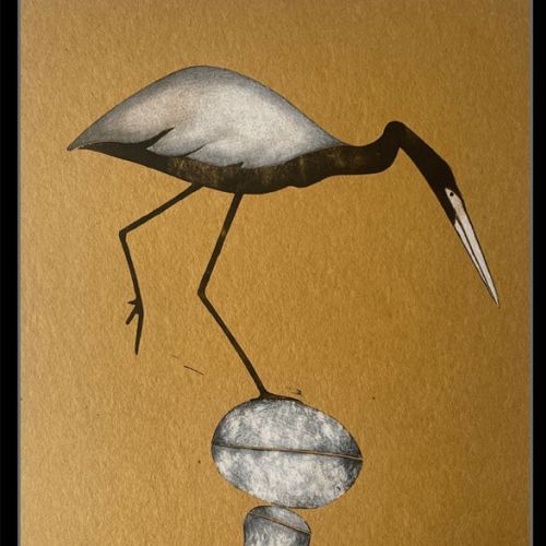 Stylized heron bird balancing on stacked stones with reflection