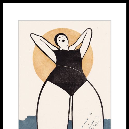 Illustration of woman in black swimsuit with sun behind standing in water