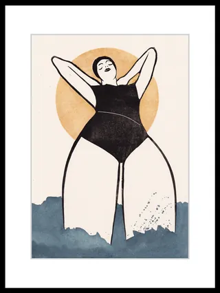 Illustration of woman in black swimsuit with sun behind standing in water