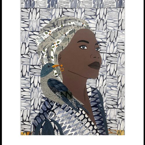 Abstract woman portrait with headdress and bird on shoulder against patterned background