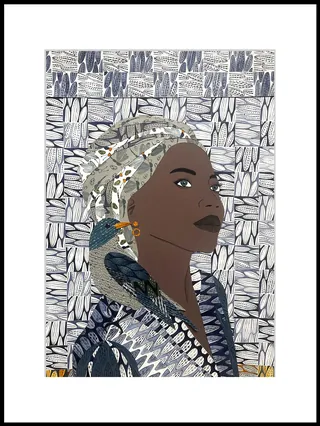 Abstract woman portrait with headdress and bird on shoulder against patterned background