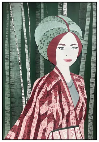 Stylized woman wearing patterned clothes and headpiece in front of birch trees.