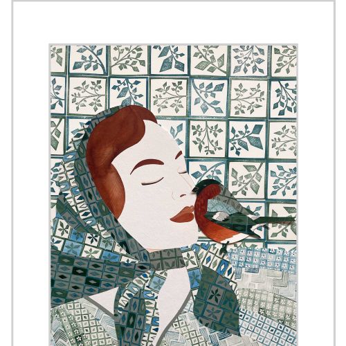 Illustration of a woman with red hair holding a small bird near her lips