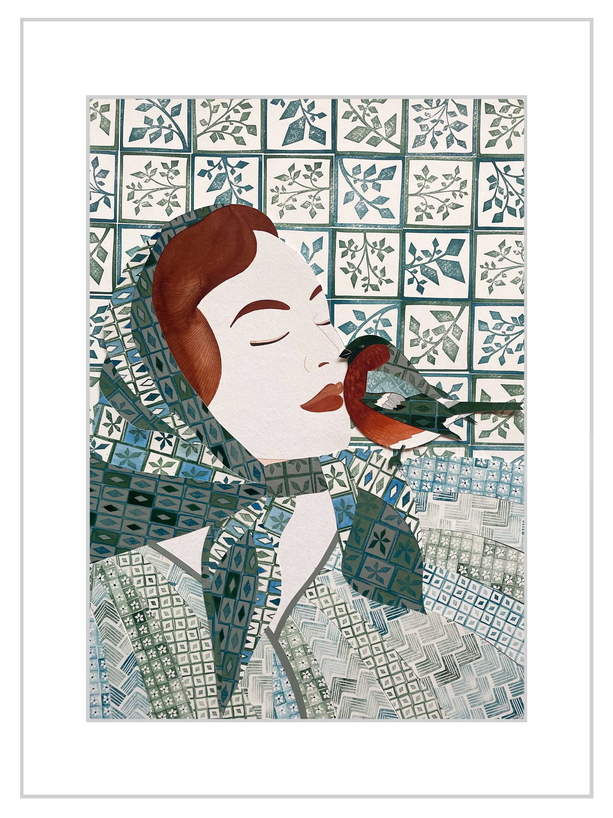 Illustration of a woman with red hair holding a small bird near her lips