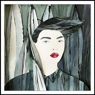 Artistic portrait of a person with sharp features and red lips