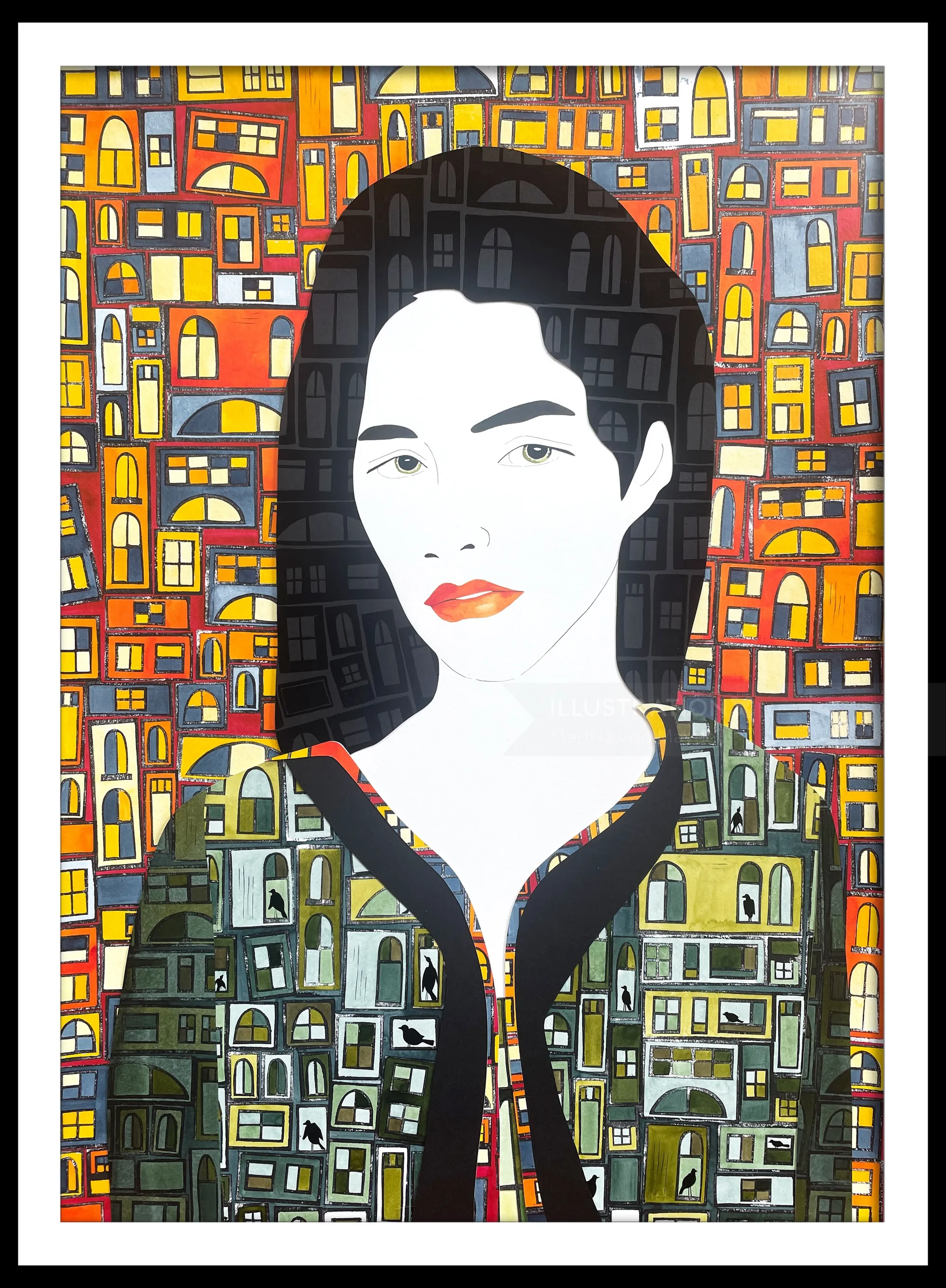 Abstract woman portrait with vibrant geometric shapes background