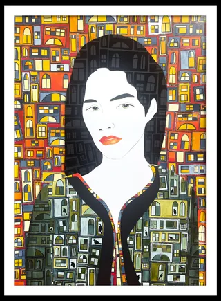 Abstract woman portrait with vibrant geometric shapes background