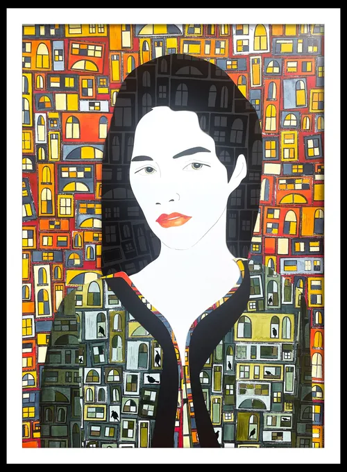 Abstract woman portrait with vibrant geometric shapes background