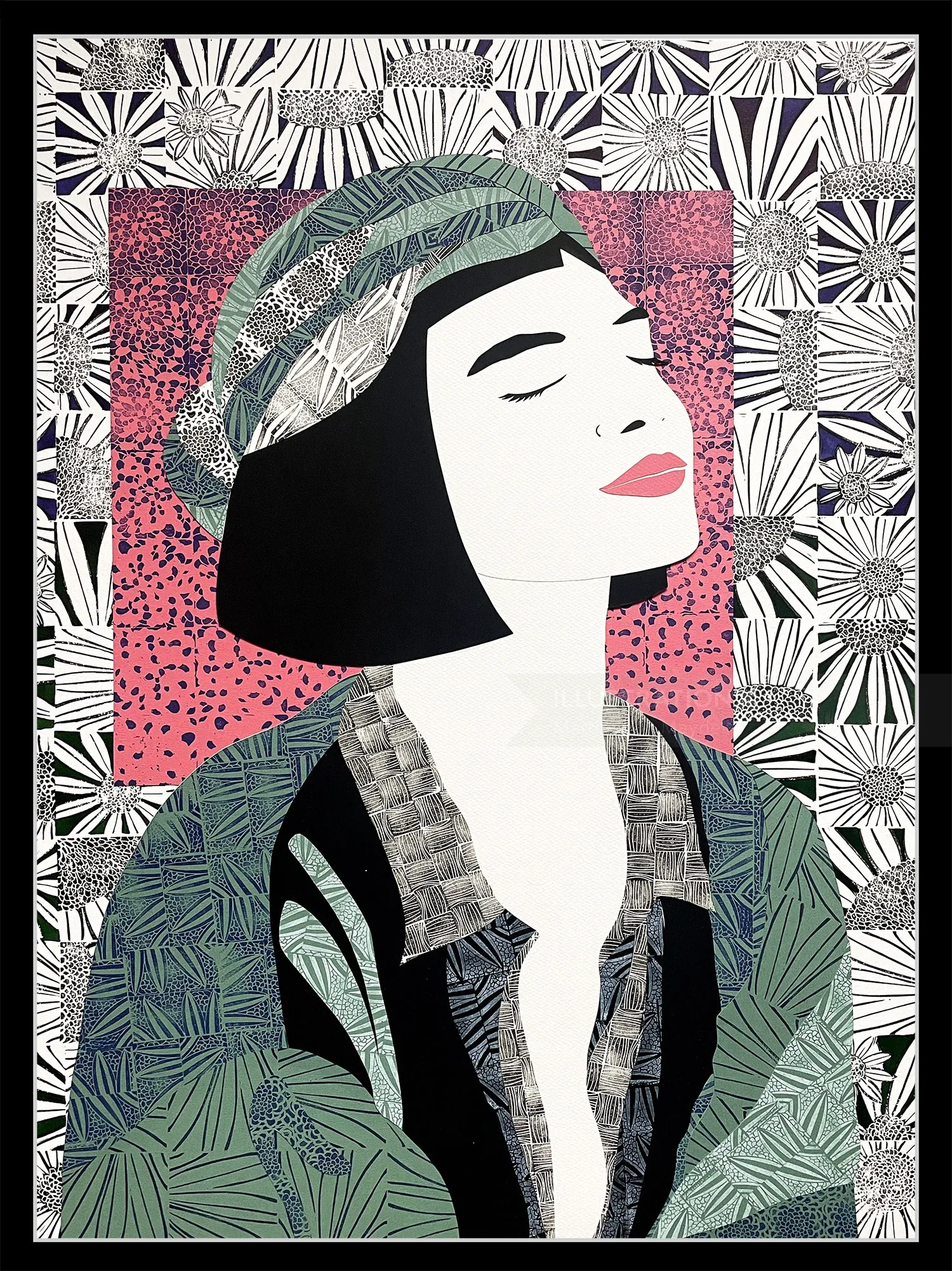 Illustration of woman with black hair, patterned jacket, and hat with closed eyes.