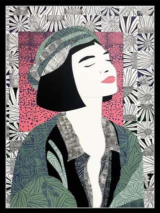 Illustration of woman with black hair, patterned jacket, and hat with closed eyes.