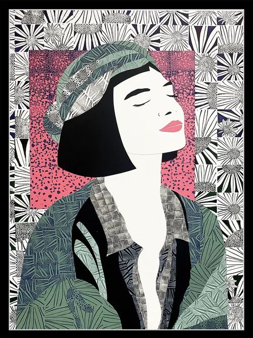 Illustration of woman with black hair, patterned jacket, and hat with closed eyes.