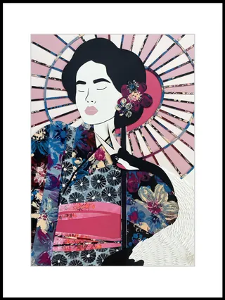 Illustration of a woman wearing a floral kimono and holding a pink umbrella