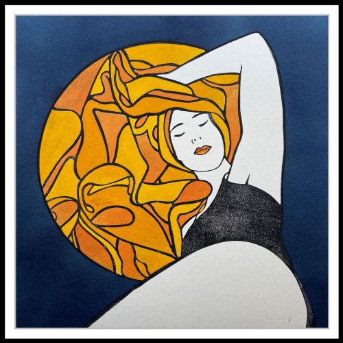 Abstract woman with orange patterned circle background