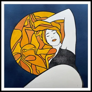 Abstract woman with orange patterned circle background