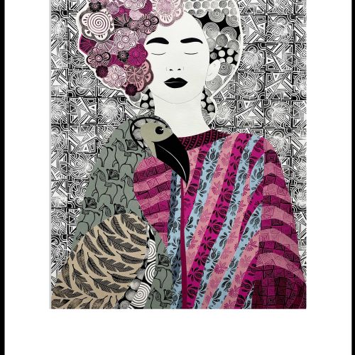 Woman with floral hair and bird on shoulder in abstract style
