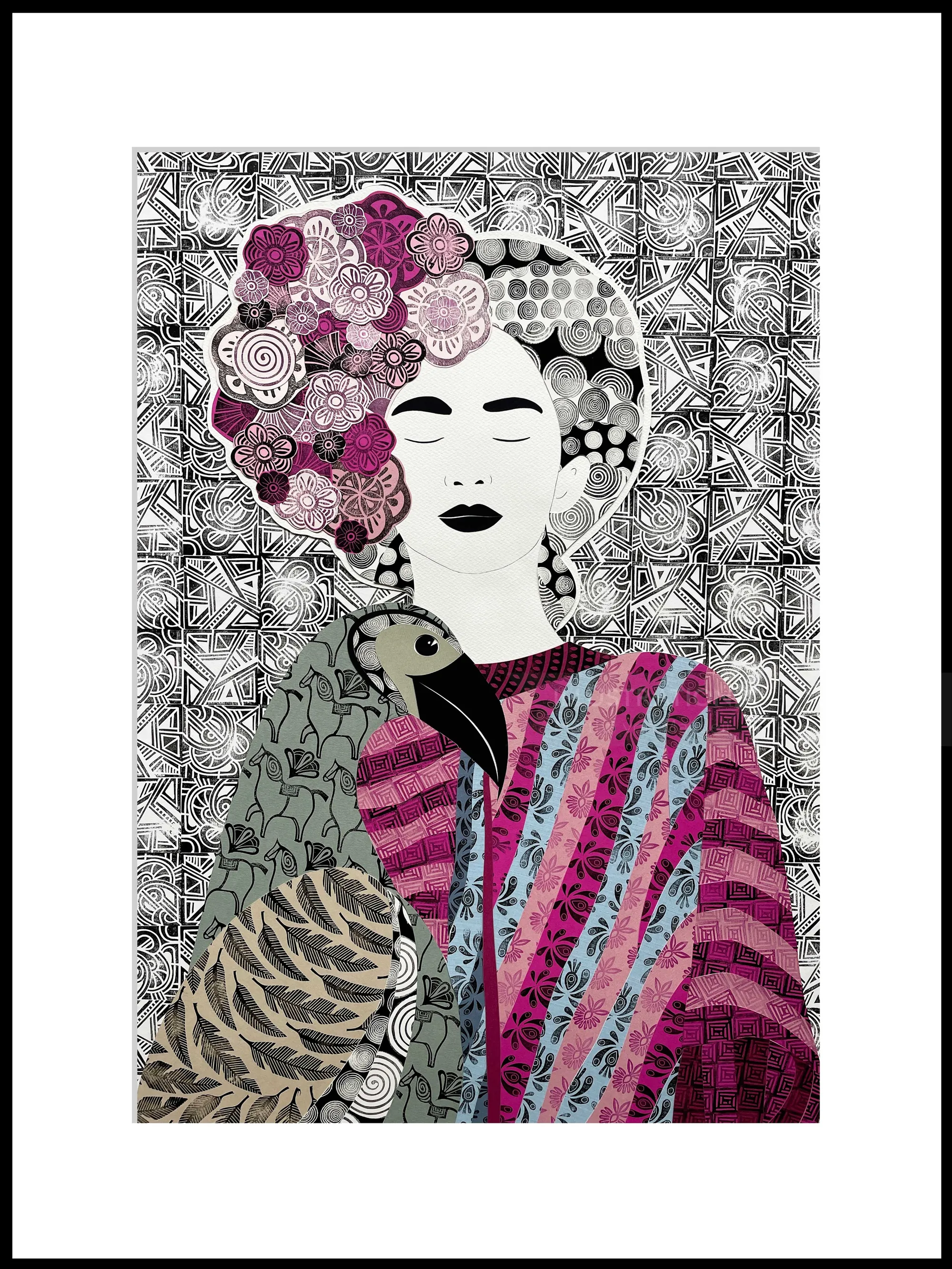 Woman with floral hair and bird on shoulder in abstract style