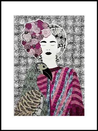 Woman with floral hair and bird on shoulder in abstract style