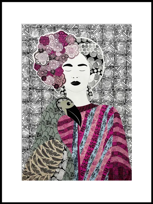 Woman with floral hair and bird on shoulder in abstract style