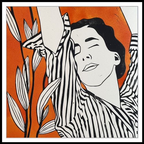 Illustration of woman in striped outfit with eyes closed and abstract leaves