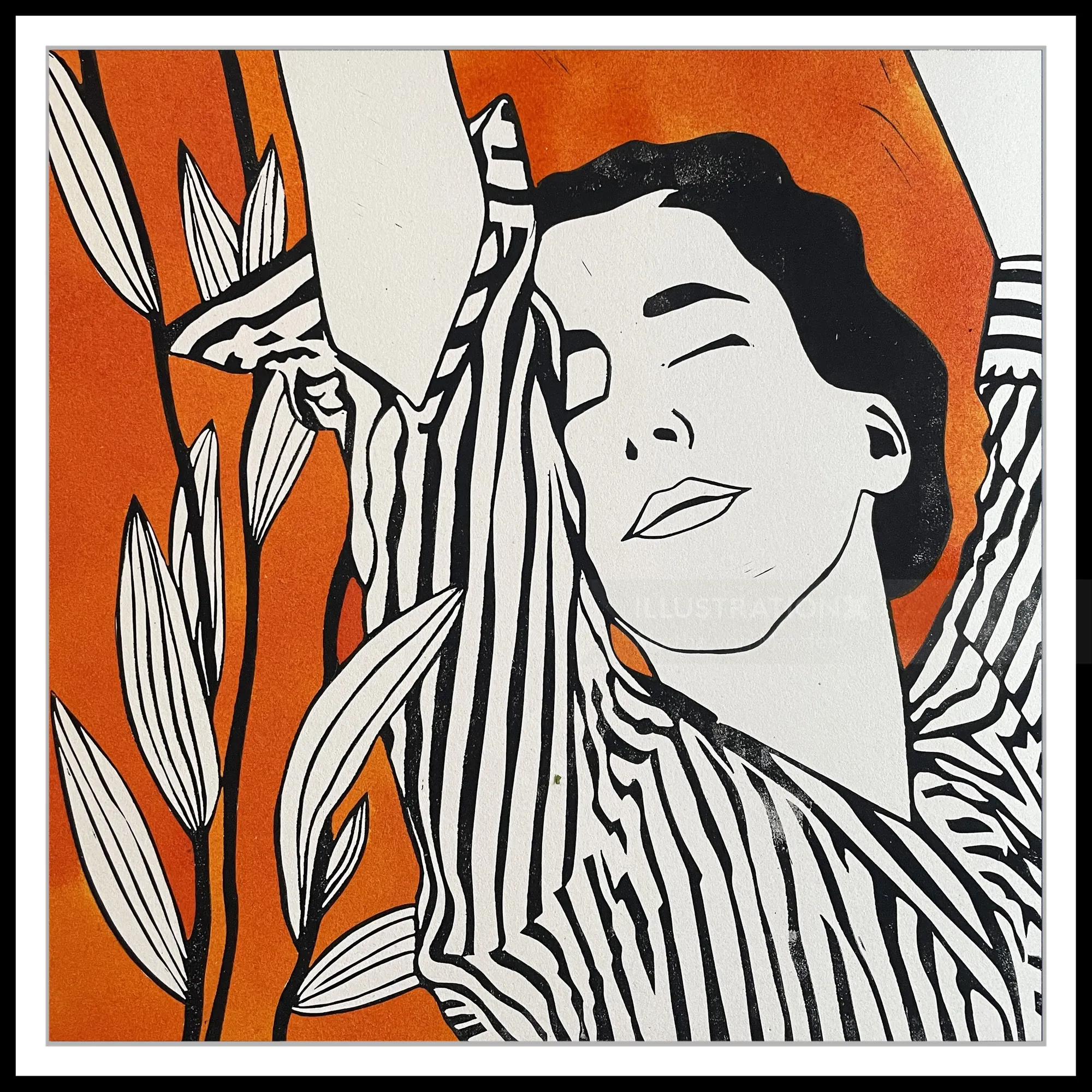 Illustration of woman in striped outfit with eyes closed and abstract leaves