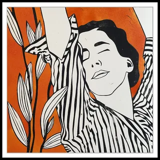 Illustration of woman in striped outfit with eyes closed and abstract leaves