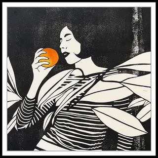 Black and white illustration of woman smelling orange with abstract leaves