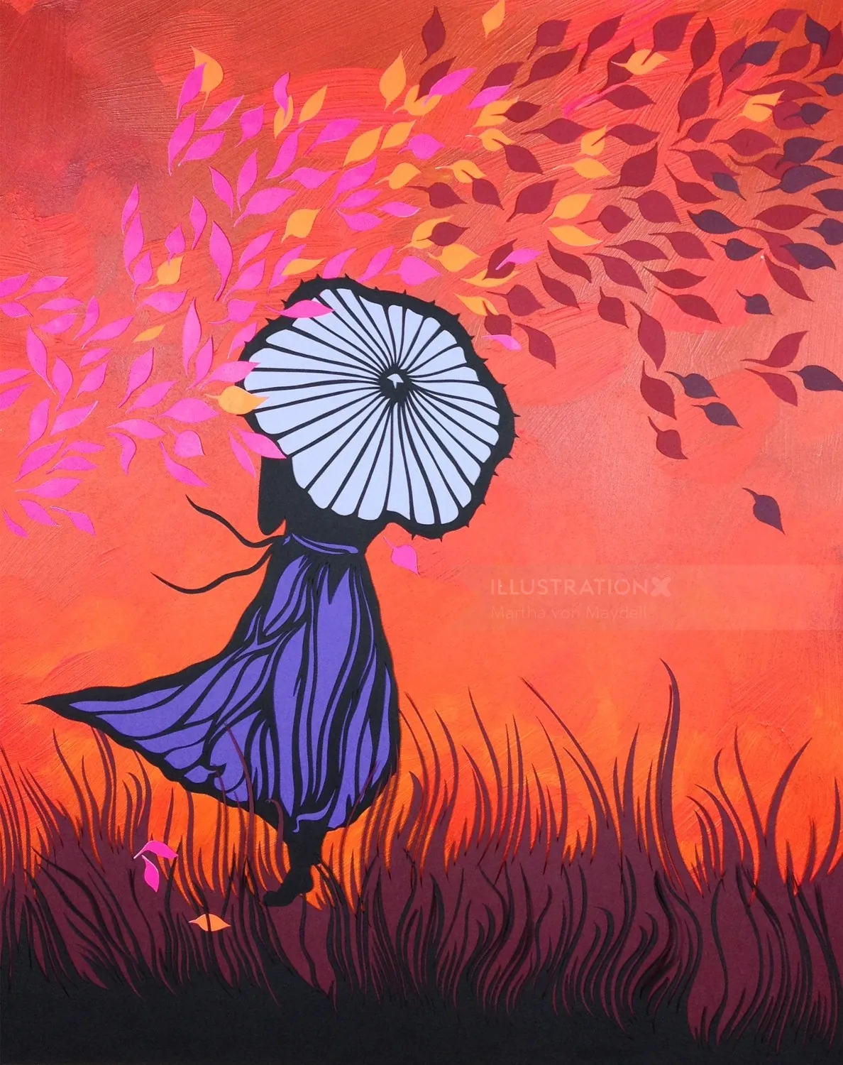 Silhouette woman holding parasol among grass and autumn leaves by Martha von Maydell
