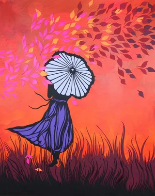 Silhouette woman holding parasol among grass and autumn leaves by Martha von Maydell