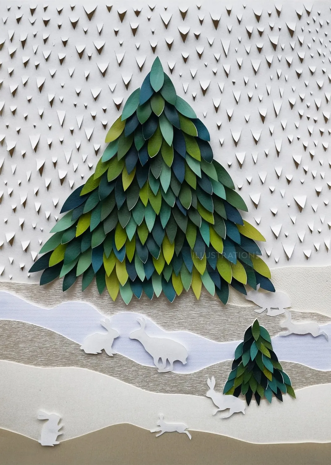 Paper cutout winter scene with pine trees and animals by Martha von Maydell