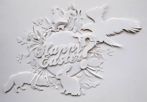 White paper cutout with flowers, birds, and Happy Easter text by Martha von Maydell