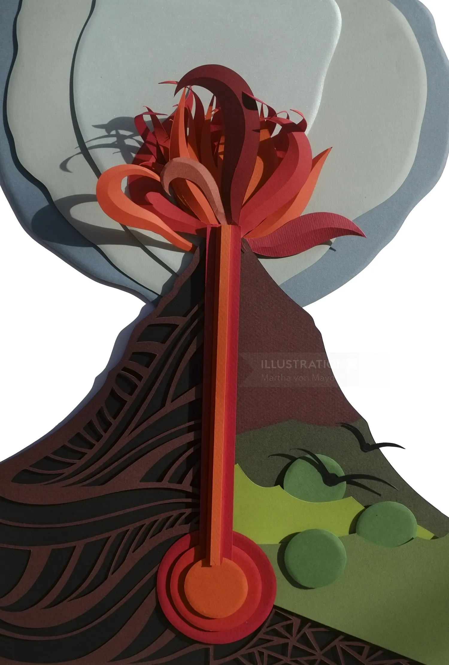 Abstract volcano sculpture with red and brown shapes by Martha von Maydell
